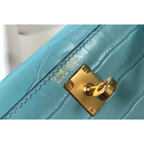 HERM Kelly Mini II Bag In Blue Atoll Embossed Crocodile Leather