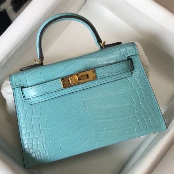 HERM Kelly Mini II Bag In Blue Atoll Embossed Crocodile Leather