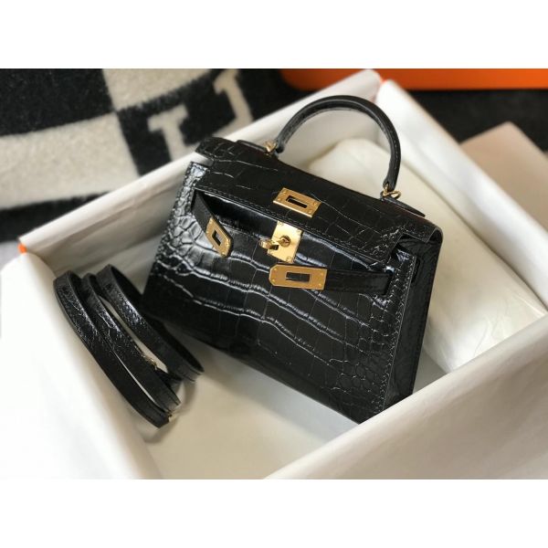 HERM Kelly Mini II Bag In Black Embossed Crocodile Leather