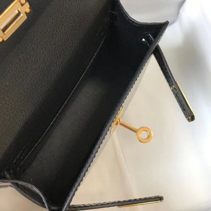 HERM Kelly Mini II Bag In Black Embossed Crocodile Leather