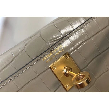 HERM Kelly Mini II Bag In Taupe Embossed Crocodile Leather