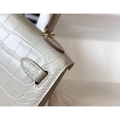 HERM Kelly Mini II Bag In Beton Embossed Crocodile Leather