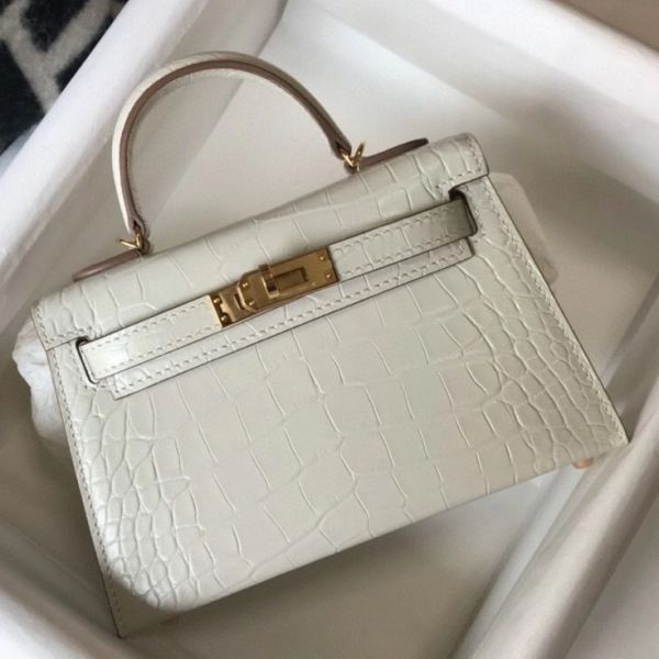HERM Kelly Mini II Bag In Beton Embossed Crocodile Leather