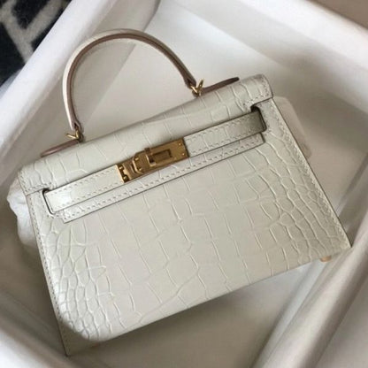 HERM Kelly Mini II Bag In Beton Embossed Crocodile Leather