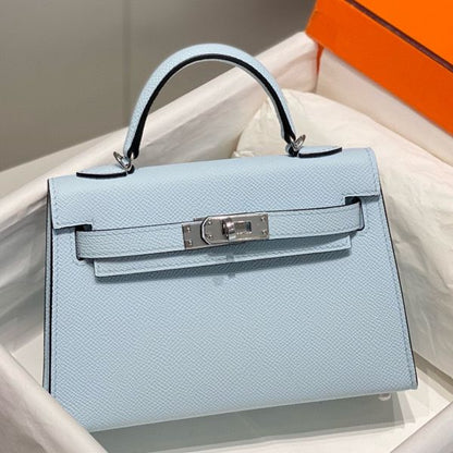 HERM Kelly Mini II Bag In Blue Brume Epsom Leather PHW
