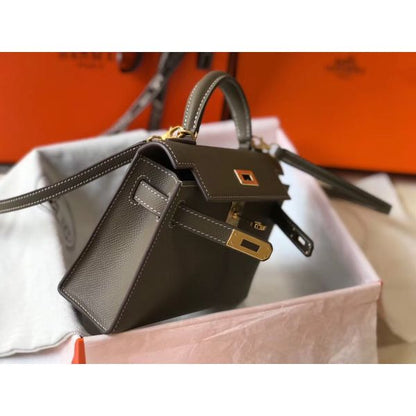 HERM Kelly Mini II Bag In Taupe Grey Epsom Leather GHW