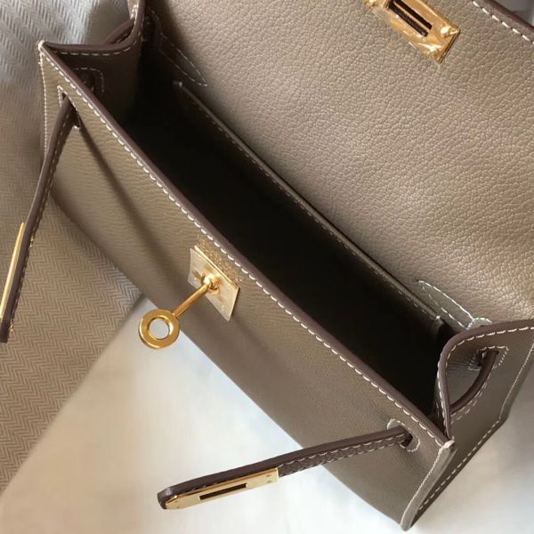 HERM Kelly Mini II Bag In Taupe Grey Epsom Leather GHW