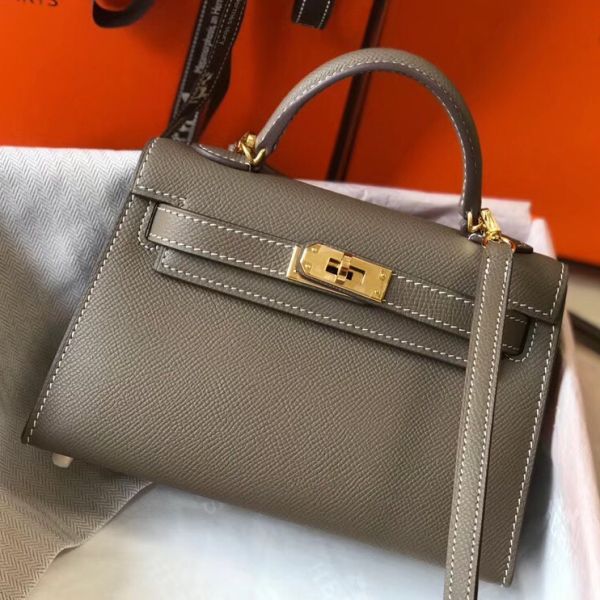 HERM Kelly Mini II Bag In Taupe Grey Epsom Leather GHW