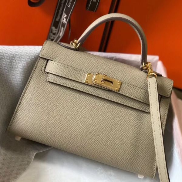 HERM Kelly Mini II Bag In Gris Tourterelle Epsom Leather GHW