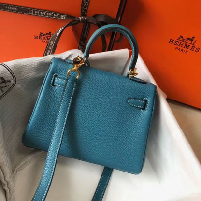 HERM Kelly 20cm Bag In Blue Jean Clemence Leather GHW