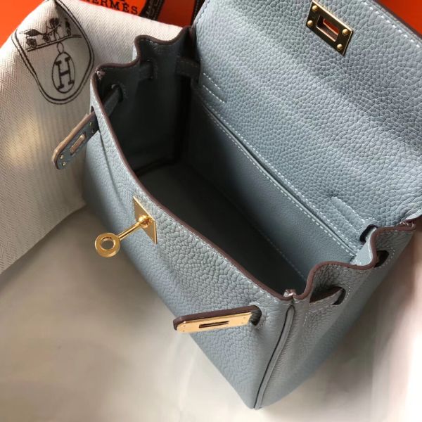 HERM Kelly 20cm Bag In Blue Lin Clemence Leather GHW