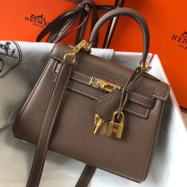 HERM Kelly 20cm Bag In Taupe Clemence Leather GHW