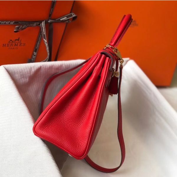 HERM Kelly 25cm Retourne Bag In Red Clemence Leather