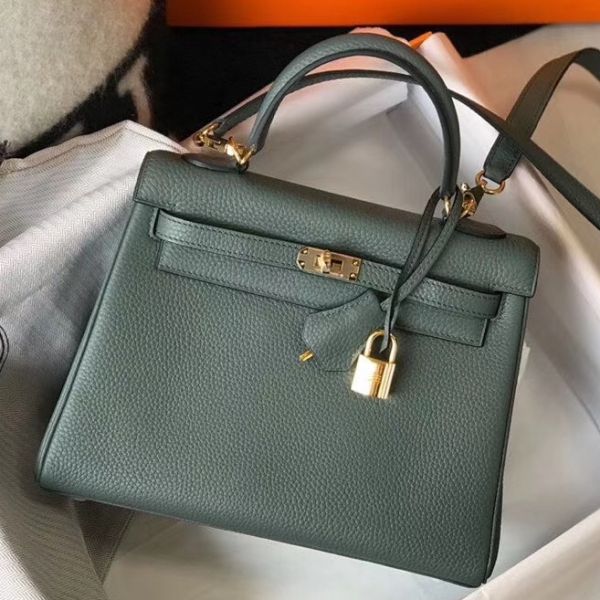 HERM Kelly 25cm Retourne Bag In Vert Amande Clemence Leather