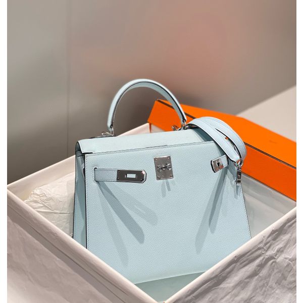 HERM Kelly 25cm Sellier Bag In Blue Brume Epsom Leather
