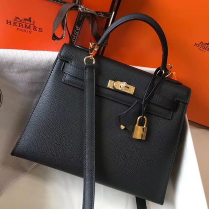 HERM Kelly 25cm Sellier Bag In Black Epsom Leather