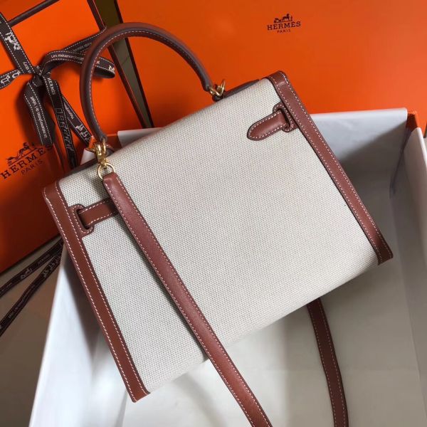 HERM Kelly 28cm Bag In Canvas With Barenia Leather