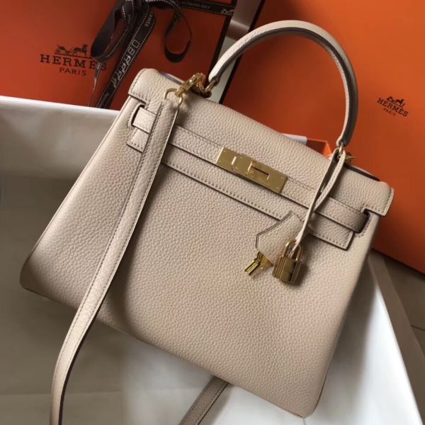 HERM Kelly 28cm Bag In Argile Clemence Leather GHW