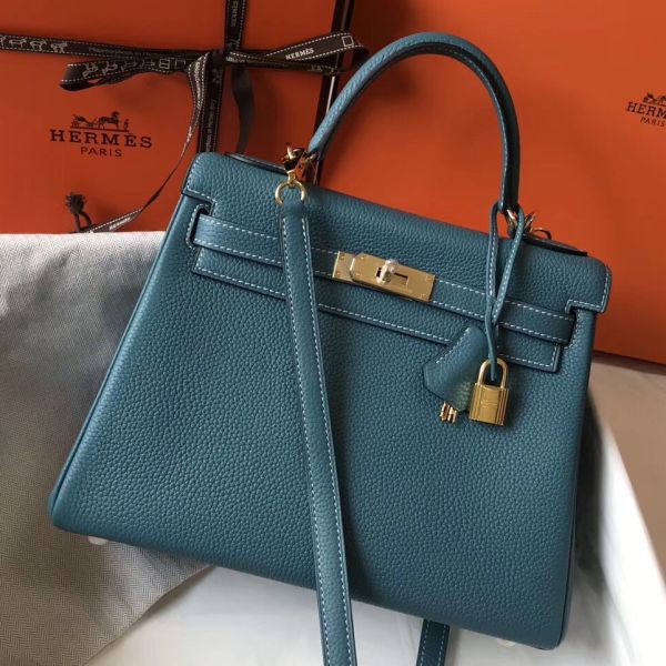 HERM Kelly 28cm Bag In Blue Jean Clemence Leather GHW