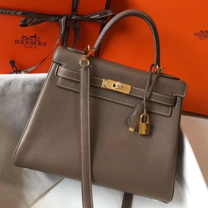 HERM Kelly 28cm Bag In Taupe Grey Clemence Leather GHW