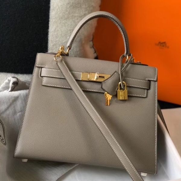 HERM Kelly 28cm Bag In Gris Asphalt Epsom Leather GHW