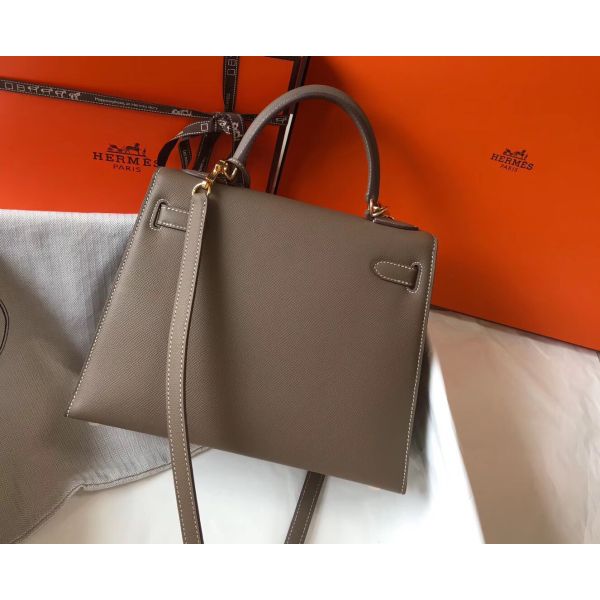 HERM Kelly 28cm Bag In Taupe Grey Epsom Leather GHW