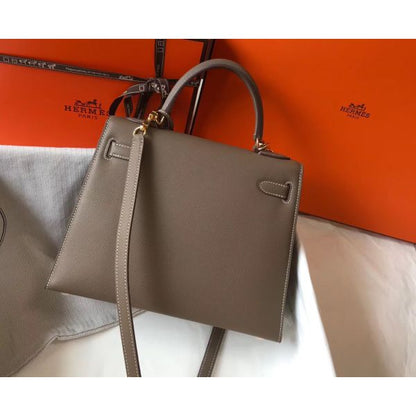 HERM Kelly 28cm Bag In Taupe Grey Epsom Leather GHW