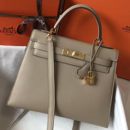 HERM Kelly 28cm Bag In Gris Tourterelle Epsom Leather GHW
