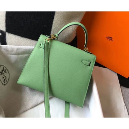 HERM Kelly 28cm Bag In Vert Criquet Epsom Leather GHW