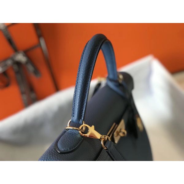 HERM Kelly 32cm Bag In Blue Agate Clemence Leather GHW