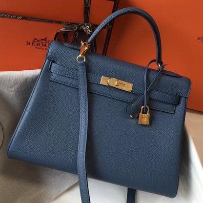 HERM Kelly 32cm Bag In Blue Agate Clemence Leather GHW