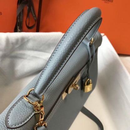 HERM Kelly 32cm Bag In Blue Lin Clemence Leather GHW