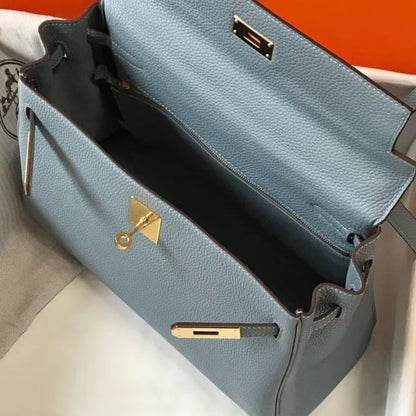HERM Kelly 32cm Bag In Blue Lin Clemence Leather GHW