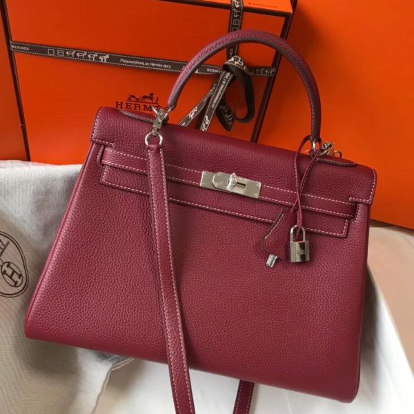 HERM Kelly 32cm Bag In Bordeaux Clemence Leather PHW