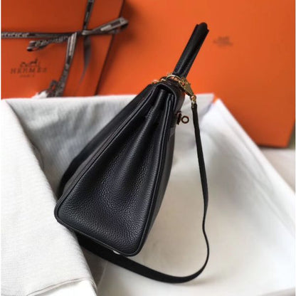 HERM Kelly 32cm Bag In Black Clemence Leather GHW