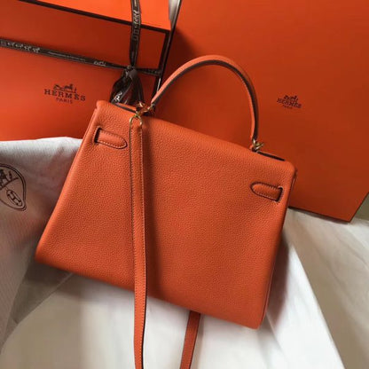 HERM Kelly 32cm Bag In Orange Clemence Leather GHW
