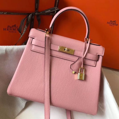 HERM Kelly 32cm Bag In Pink Clemence Leather GHW