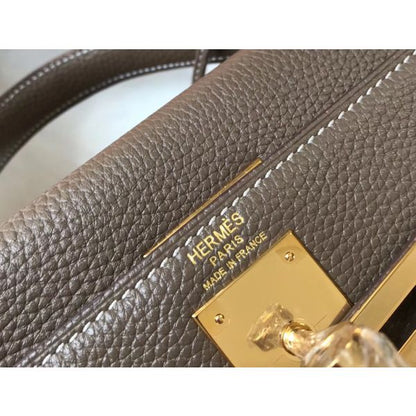 HERM Kelly 32cm Bag In Taupe Grey Clemence Leather GHW