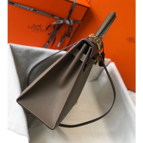 HERM Kelly 32cm Bag In Tuape Grey Epsom Leather GHW