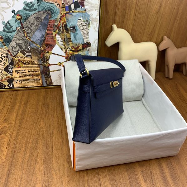 HERM Kelly Elan Handmade Bag In Blue Saphir Chevre Mysore Leather