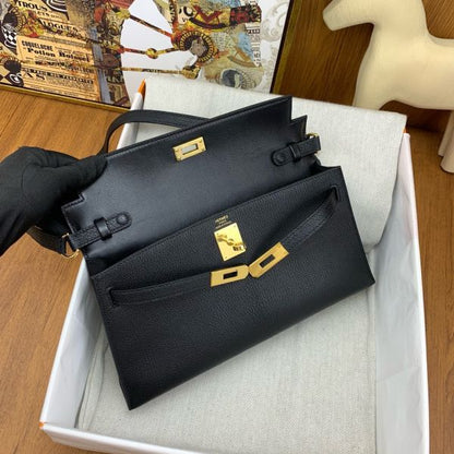 HERM Kelly Elan Handmade Bag In Black Chevre Mysore Leather