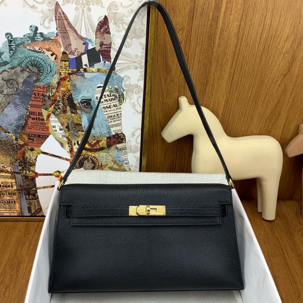 HERM Kelly Elan Handmade Bag In Black Chevre Mysore Leather