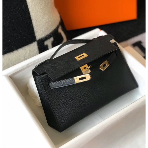 HERM Kelly Pochette Bag In Black Epsom Leather