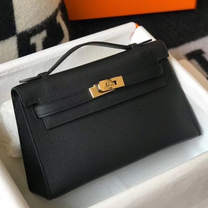 HERM Kelly Pochette Bag In Black Epsom Leather