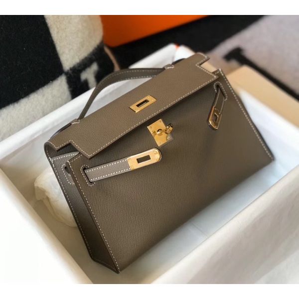 HERM Kelly Pochette Bag In Taupe Grey Epsom Leather