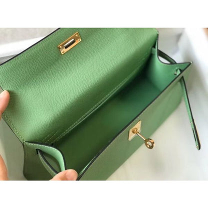 HERM Kelly Pochette Bag In Vert Criquet Epsom Leather