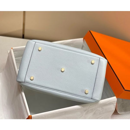 HERM Lindy 30cm Bag In Blue Brume Clemence Leather GHW