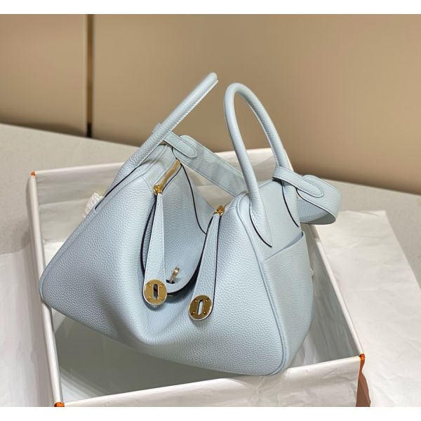 HERM Lindy 30cm Bag In Blue Brume Clemence Leather GHW