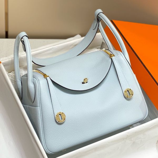 HERM Lindy 30cm Bag In Blue Brume Clemence Leather GHW