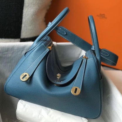 HERM Lindy 30cm Bag In Blue Jean Clemence Leather GHW